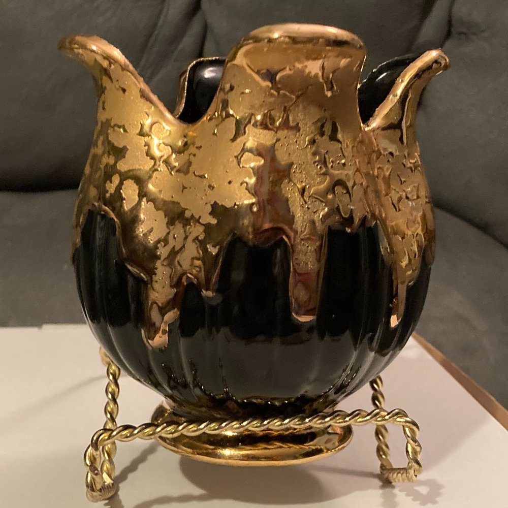 VTG 1960's Savoy China Weeping Gold Vase 24 Karat-MCM Tulip Design-4.5" H-EUC